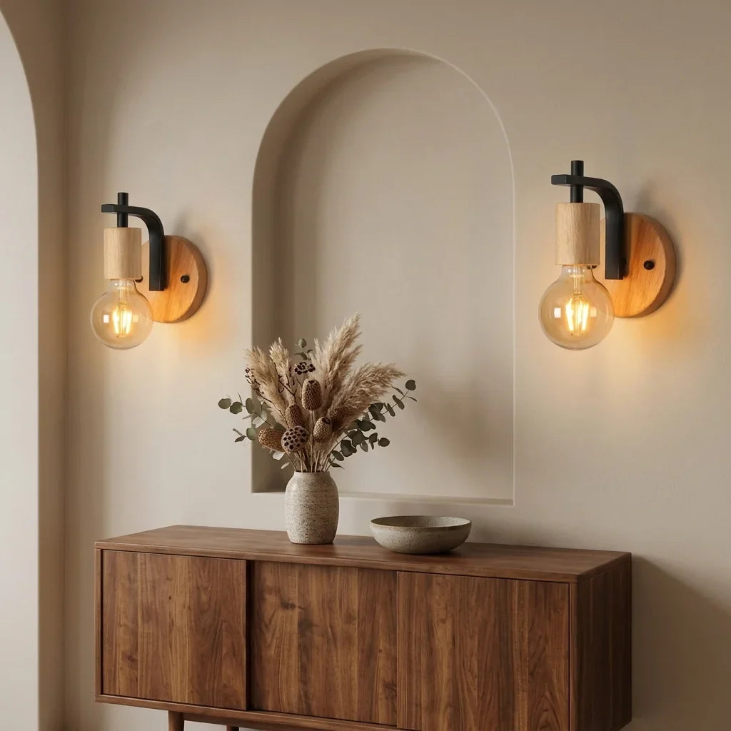 Két fa foglalatos lámpa egy diófa komód fölött