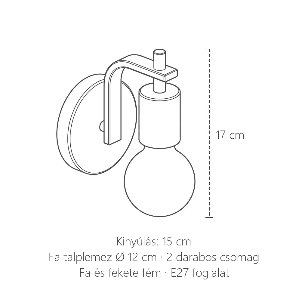 Fa foglalatos fali lámpa méretei: 17 cm magas, kinyúlás 15 cm