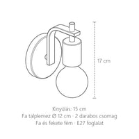 Fa foglalatos fali lámpa méretei: 17 cm magas, kinyúlás 15 cm