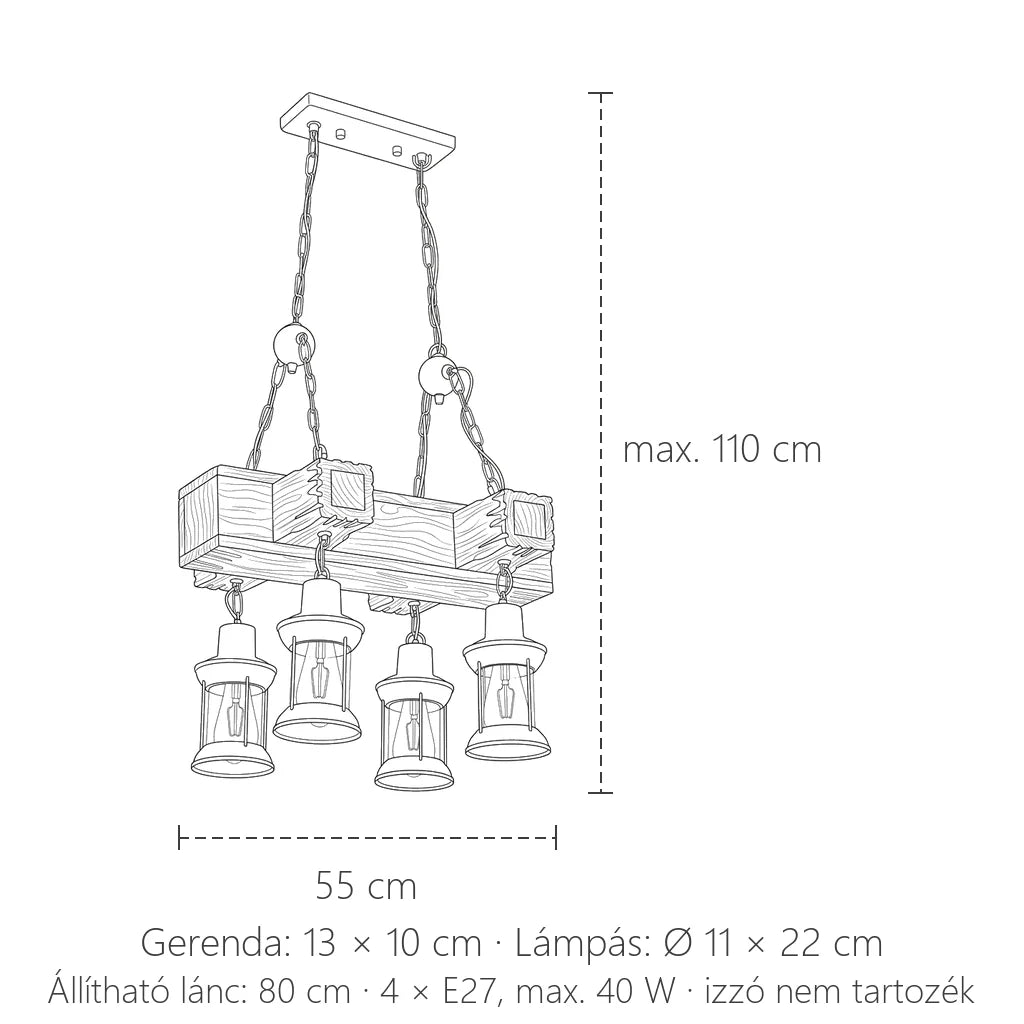 Fa gerendás csillár méretei: 55 cm széles, max. 110 cm magas