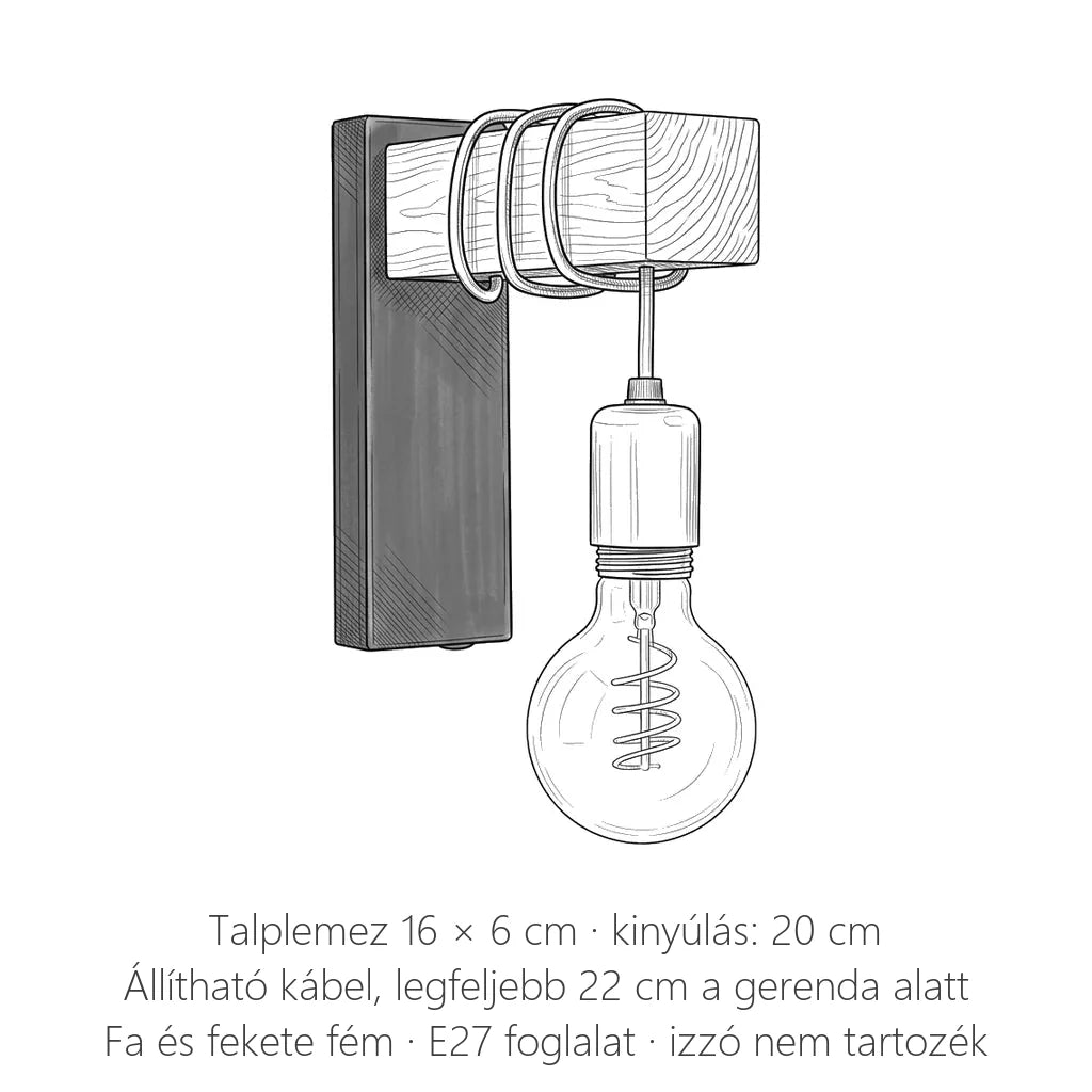 Fa gerendás fali lámpa méretei: talplemez 16 × 6 cm, kinyúlás 20 cm