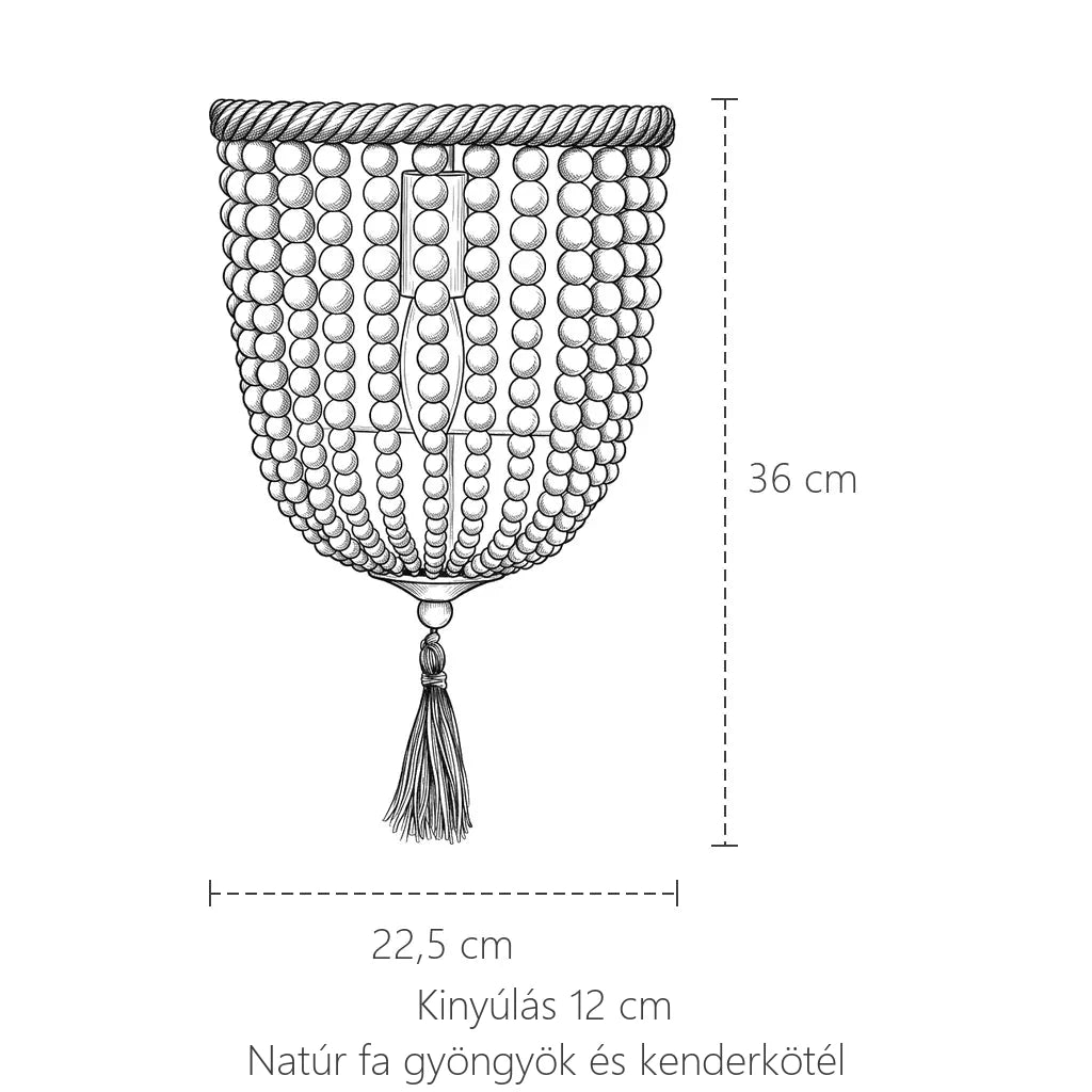 A fa gyöngyös boho fali lámpa méretei: 36 × 22,5 cm, kinyúlás 12 cm