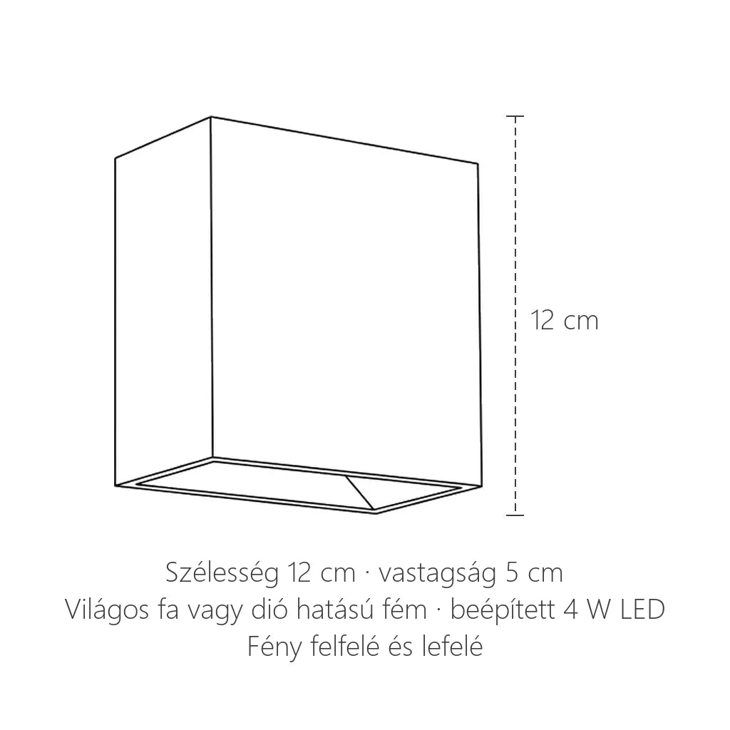 Fa hatású kocka LED fali lámpa méretei: 12 × 12 cm, 5 cm vastag