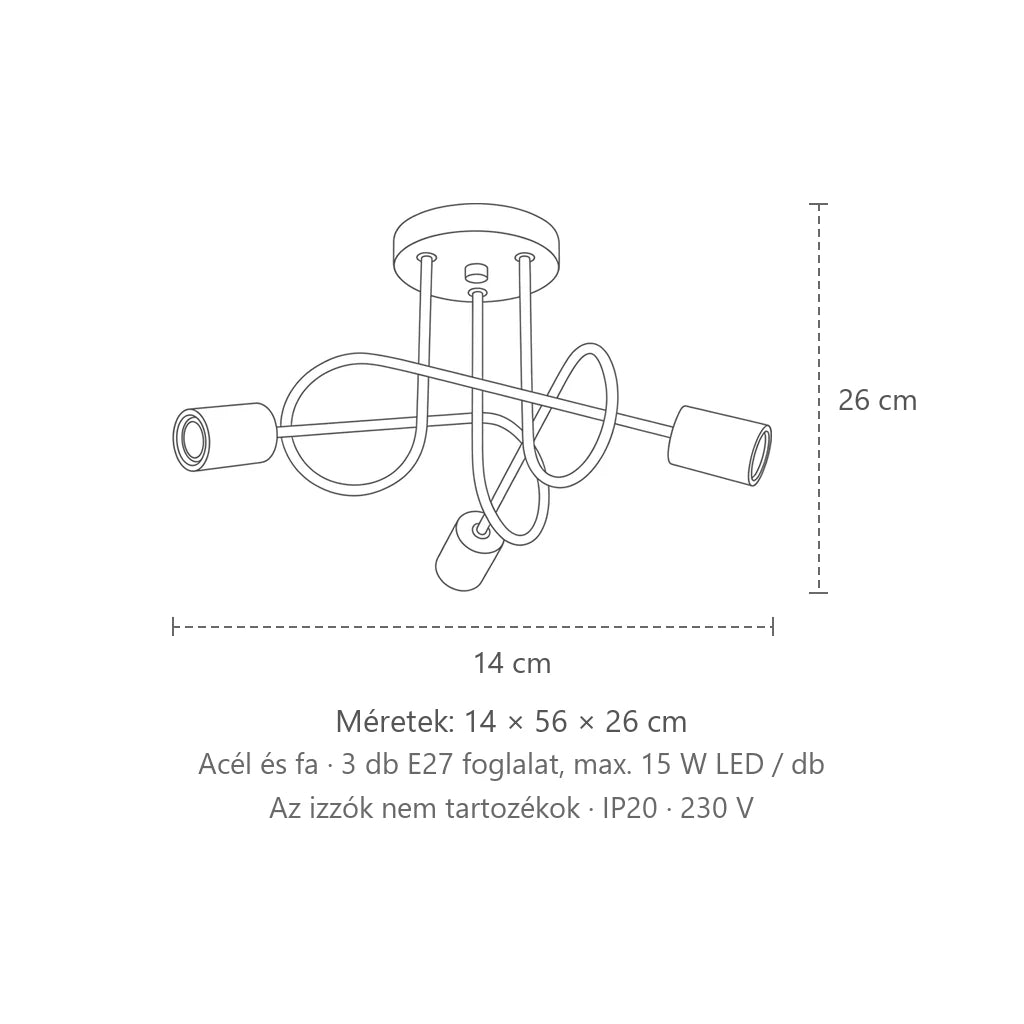Fa és hurkos karú csillár mennyezeti lámpa méretei (3 izzós): 14 × 56 × 26 cm