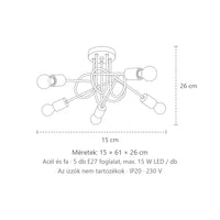 Fa és hurkos karú csillár mennyezeti lámpa méretei (5 izzós): 15 × 61 × 26 cm