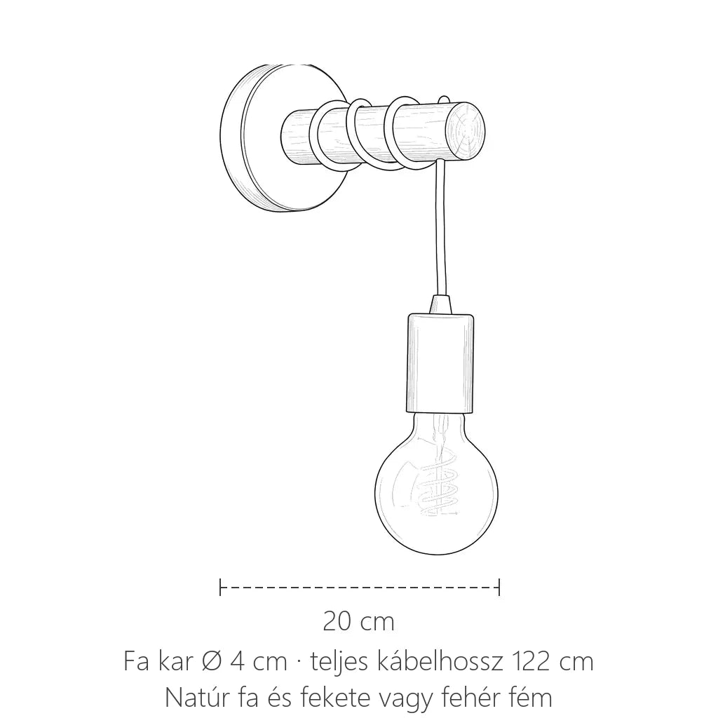 Fa karos függő izzós fali lámpa méretei: kinyúlás 20 cm, kábel 122 cm