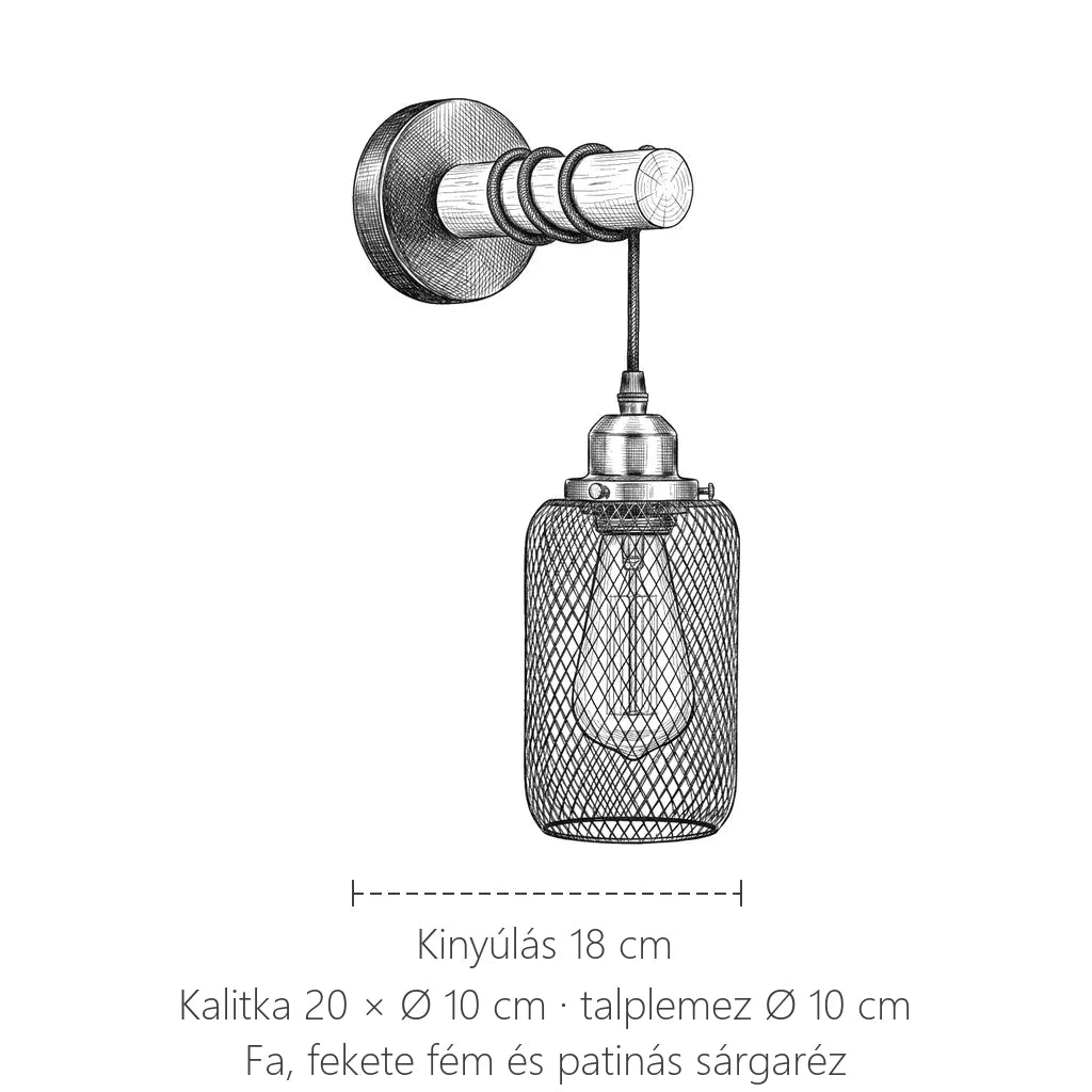 A hálós kalitkás loft fali lámpa méretei: kinyúlás 18 cm