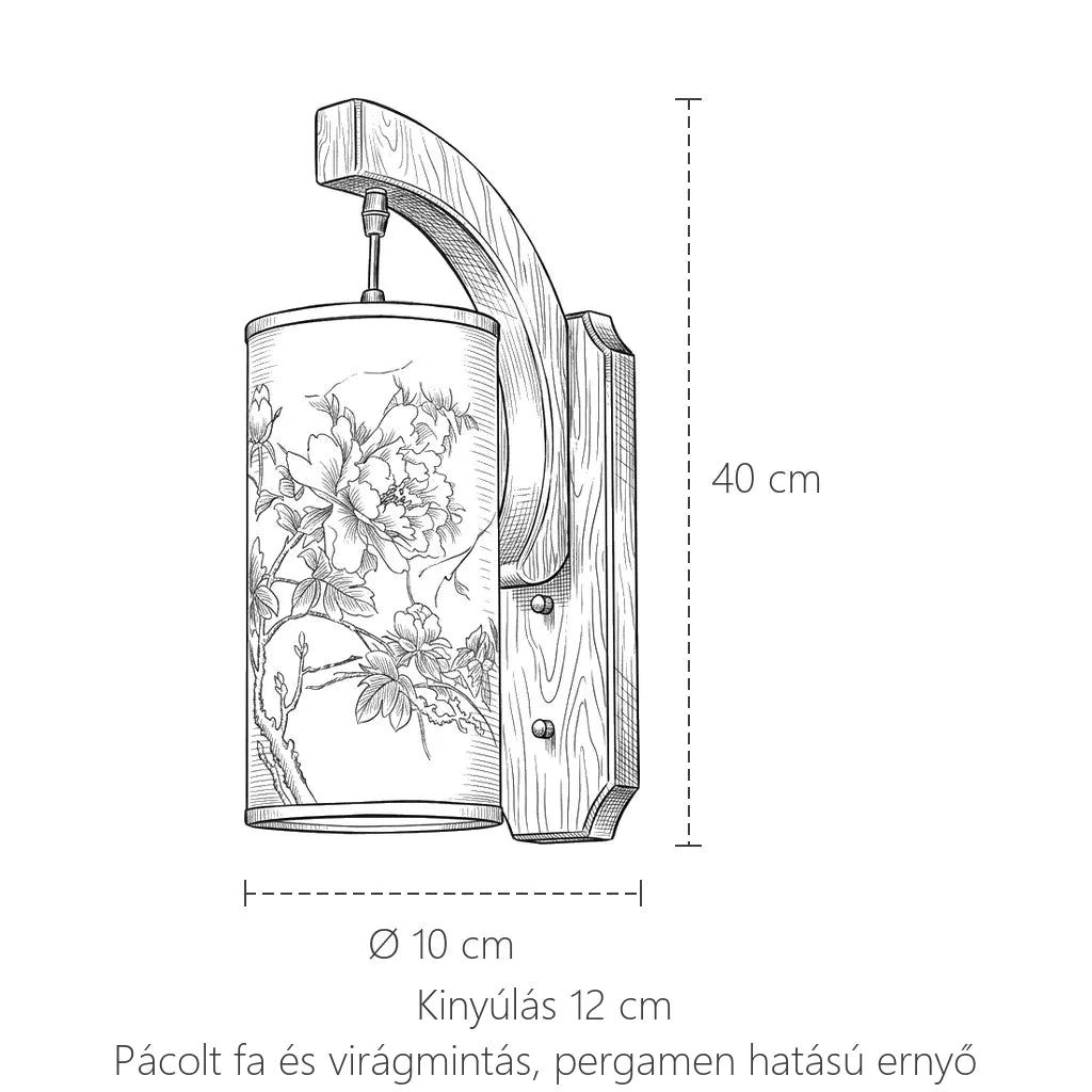 A fa karos pergamen ernyős fali lámpa méretei: magasság 40 cm, ernyő Ø 10 cm