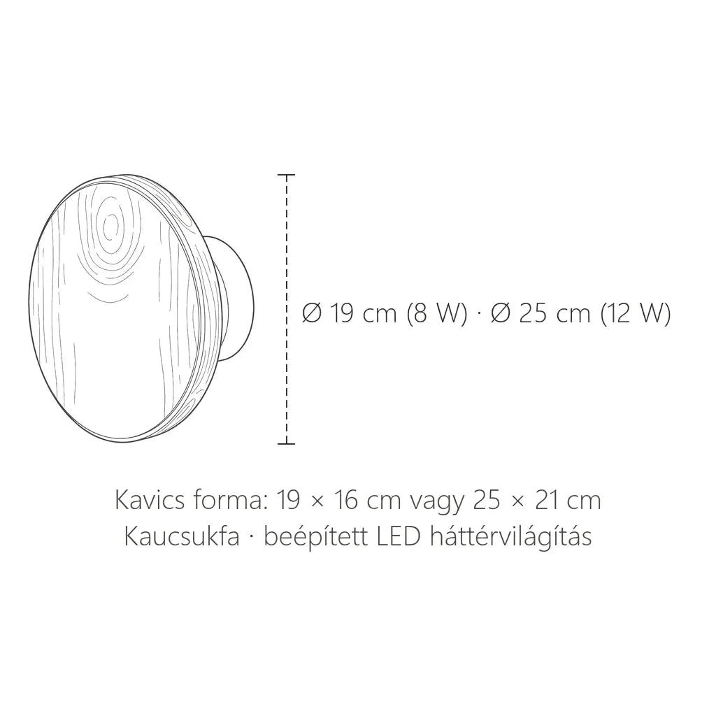 A fa fali lámpa méretei: Ø 19 vagy 25 cm, kavics forma 19 × 16 vagy 25 × 21 cm