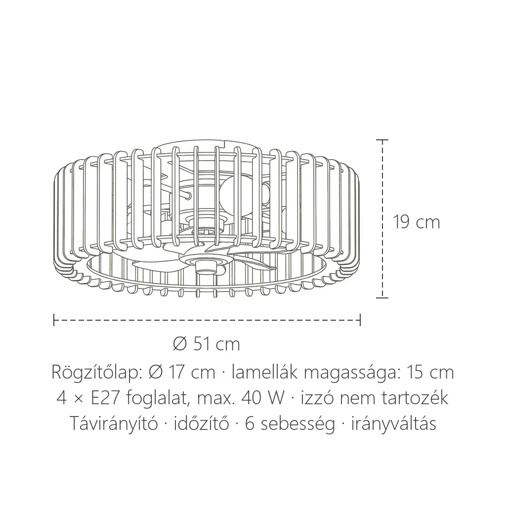 Ventilátorlámpa méretei: Ø 51 cm, 19 cm magas
