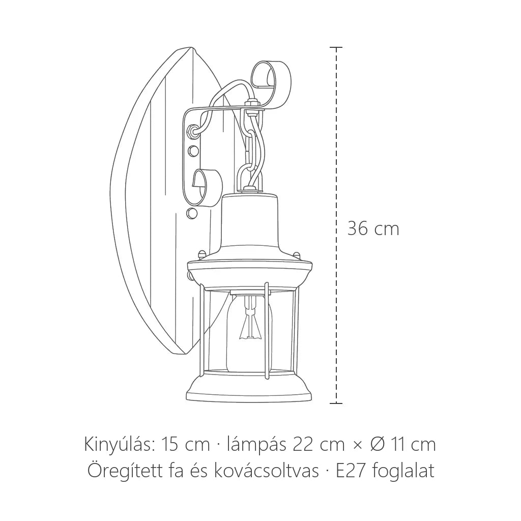 Fa lámpás fali lámpa méretei: 36 cm magas, kinyúlás 15 cm