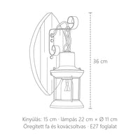 Fa lámpás fali lámpa méretei: 36 cm magas, kinyúlás 15 cm