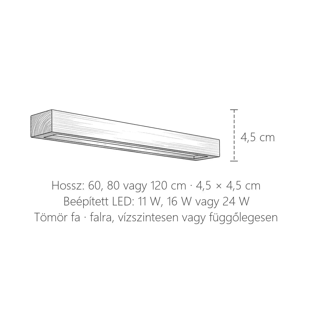 Fa LED fénypálca fali lámpa méretei: 60, 80 vagy 120 cm hosszú, 4,5 × 4,5 cm