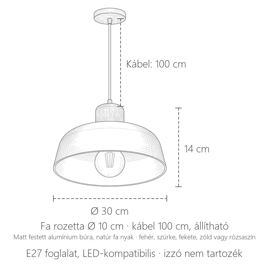 Fa nyakú függőlámpa méretei: Ø 30 cm, 14 cm magas