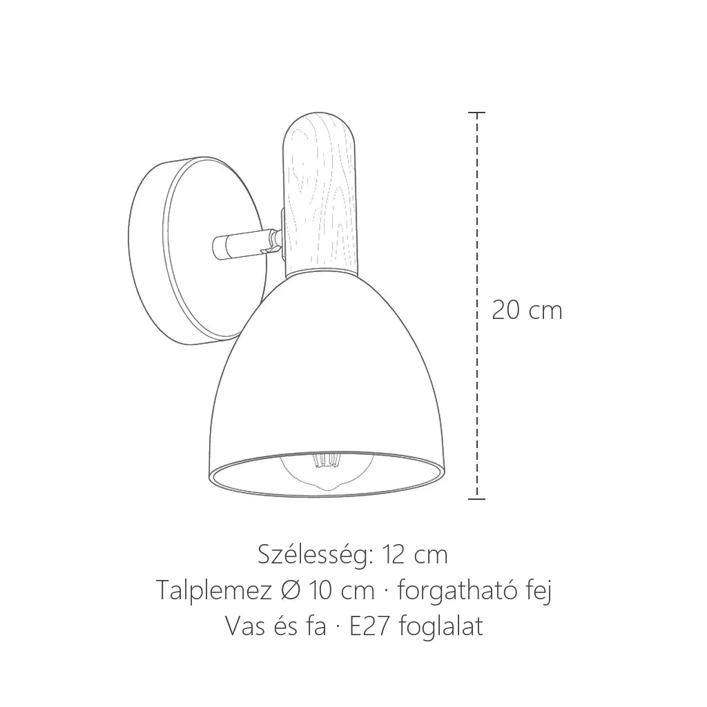 Fa nyelű harang fali lámpa méretei: 20 cm magas, 12 cm széles