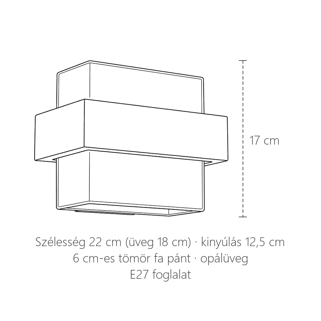 Fa pántos opálüveg fali lámpa méretei: 17 cm magas, 22 cm széles