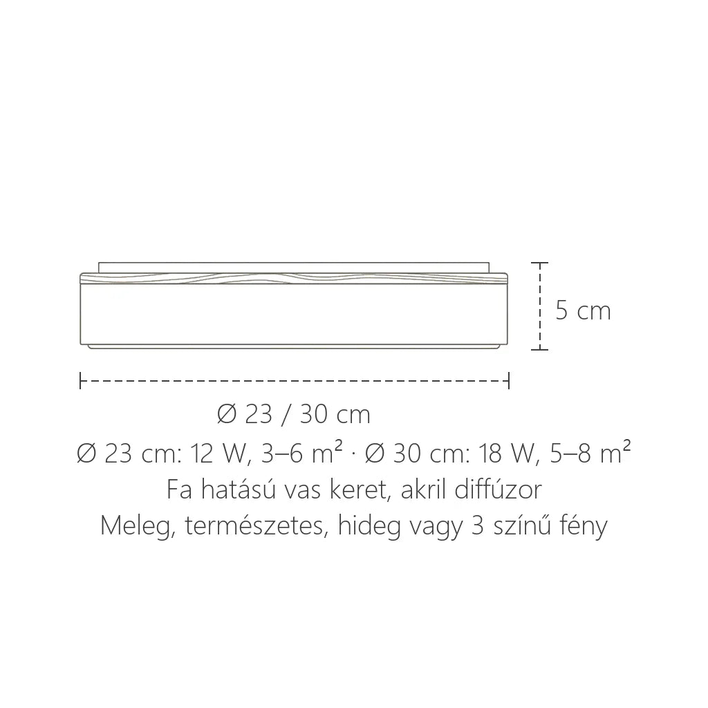 Fa peremű lámpa méretei: Ø 23 / 30 cm, 5 cm magas