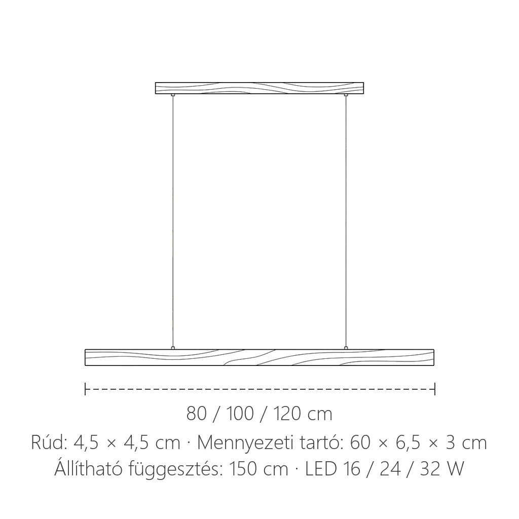 Fa rúd LED függő lámpa méretei: 80, 100 vagy 120 cm hosszú