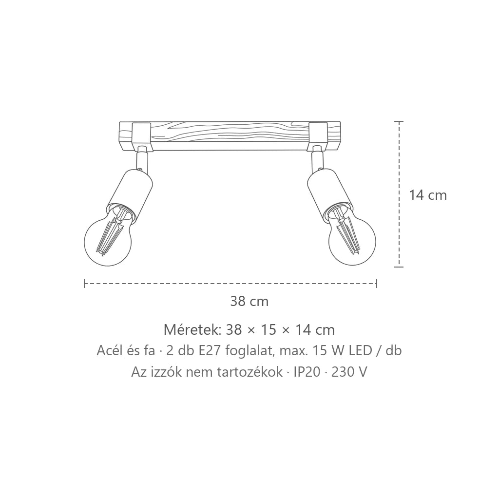 Fa sínes mennyezeti lámpa fekete foglalatokkal méretei (2 izzós): 38 × 15 × 14 cm