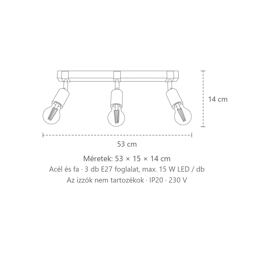 Fa sínes mennyezeti lámpa fekete foglalatokkal méretei (3 izzós): 53 × 15 × 14 cm