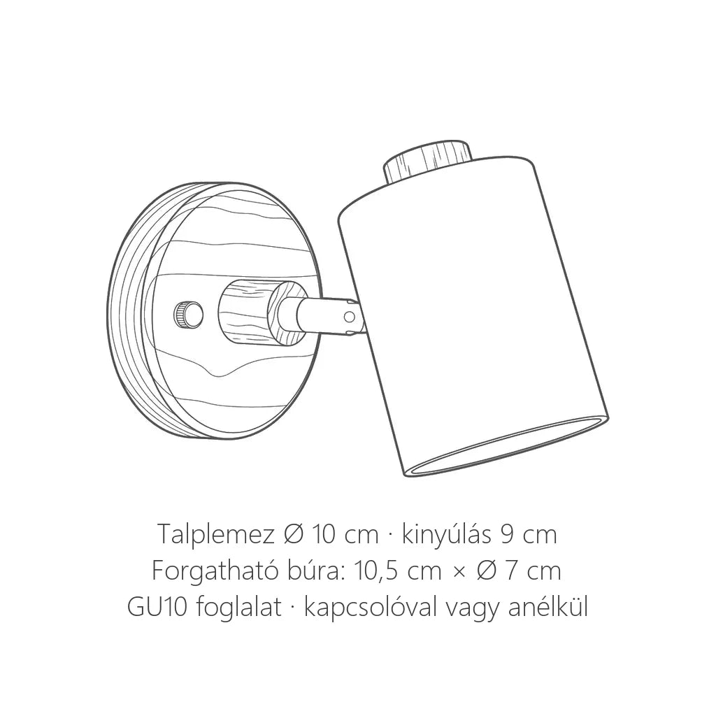 Fa spot fali lámpa méretei: talplemez Ø 10 cm, kinyúlás 9 cm