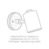 Fa spot fali lámpa méretei: talplemez Ø 10 cm, kinyúlás 9 cm