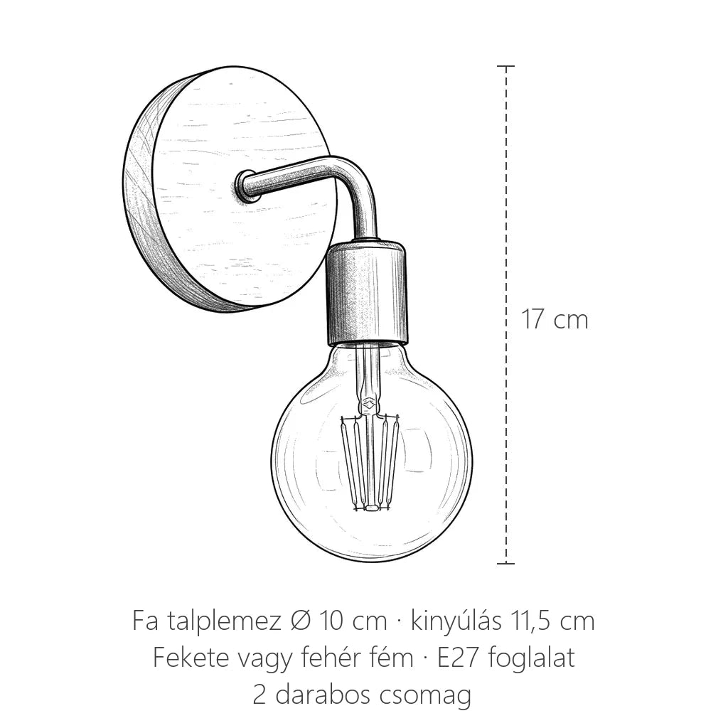 Fa talpas fali lámpa méretei: 17 cm magas, talplemez Ø 10 cm