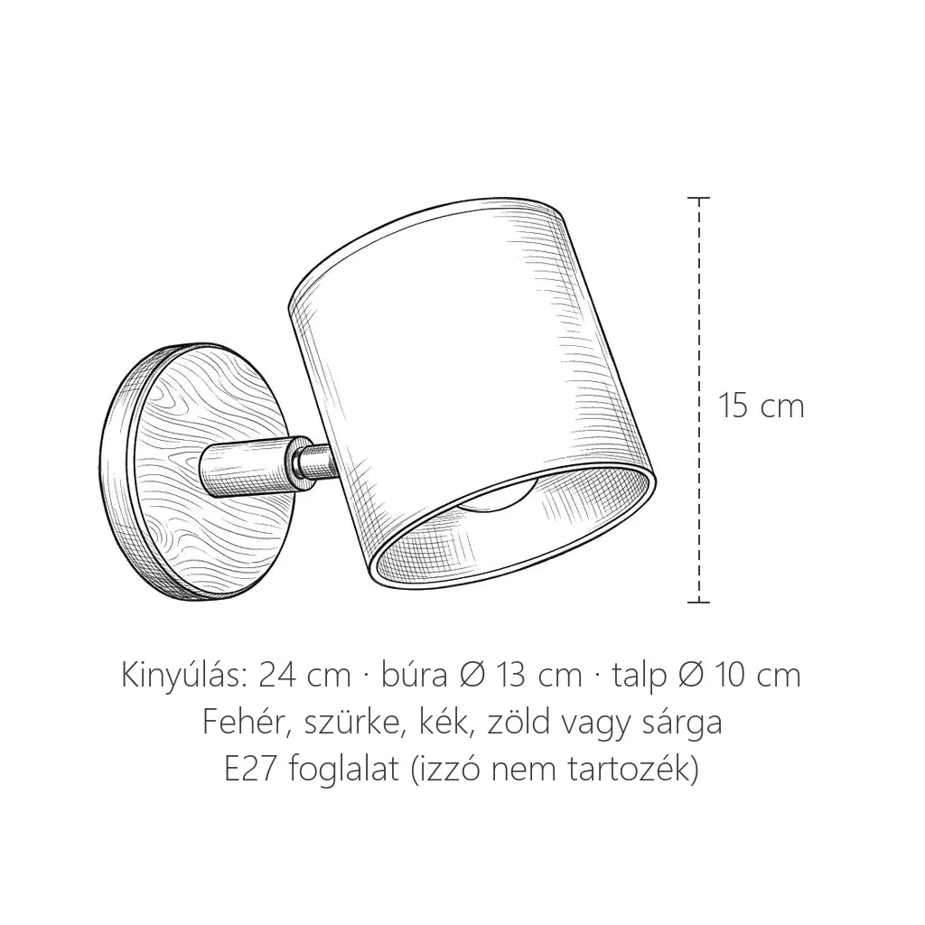 Fa talpas hengerbúrás fali lámpa méretei: 15 cm magas, kinyúlás 24 cm
