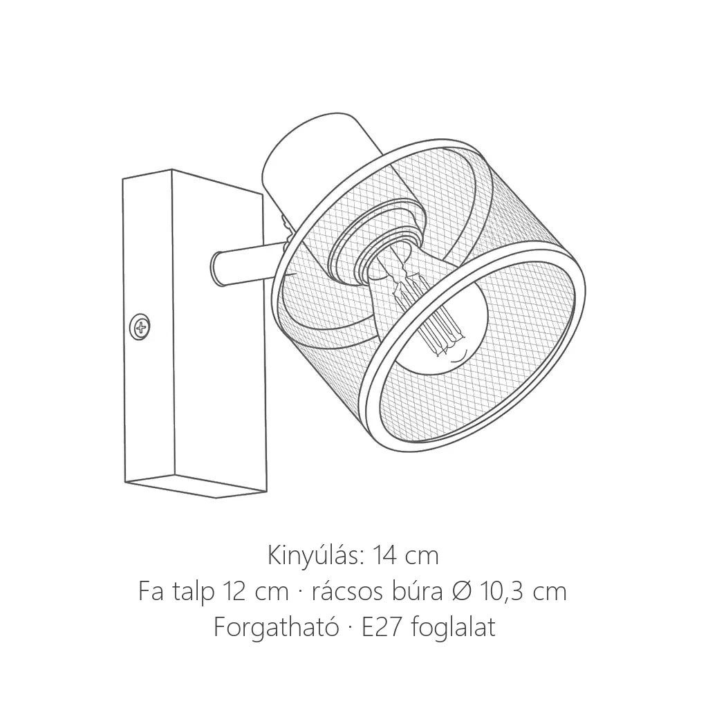Fa talpas rácsos spot fali lámpa méretei: kinyúlás 14 cm, búra Ø 10,3 cm
