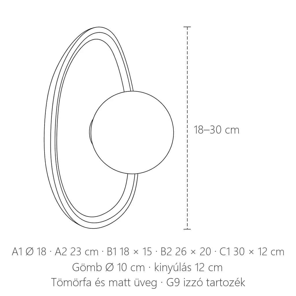 A fa tányéros opál gömbös fali lámpa méretei: magasság 18–30 cm, gömb Ø 10 cm