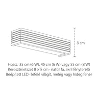 A fa tükörlámpa méretei: hossz 35, 45 vagy 55 cm, keresztmetszet 8 × 8 cm
