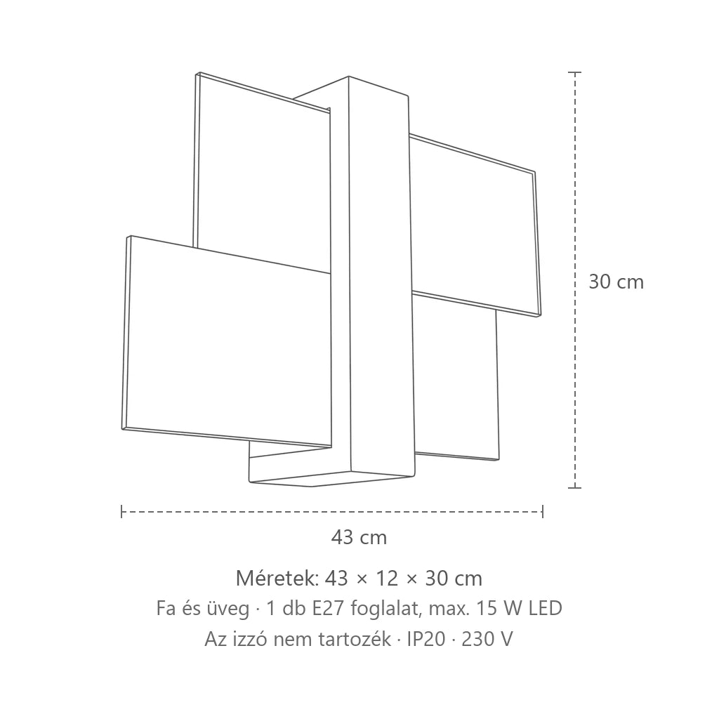 Fa és üveg fali lámpa méretei: 43 × 12 × 30 cm