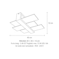 Fa és üveg mennyezeti lámpa méretei: 43 × 43 × 12 cm
