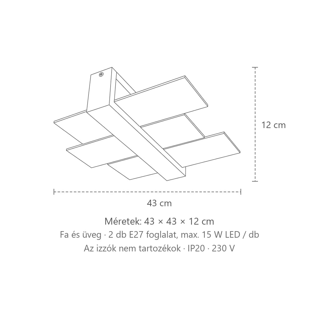 Fa és üveg mennyezeti lámpa méretei: 43 × 43 × 12 cm