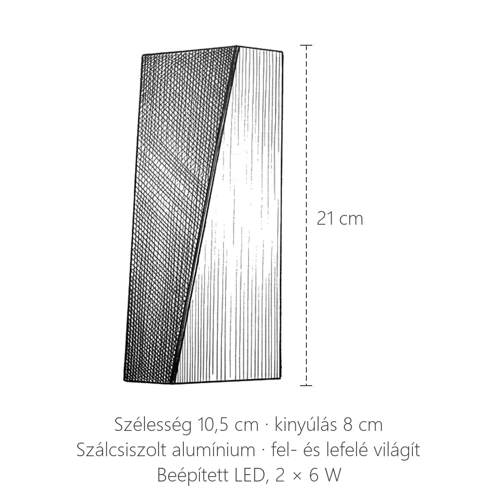 Facettás alumínium LED fali lámpa méretei: 21 × 10,5 cm