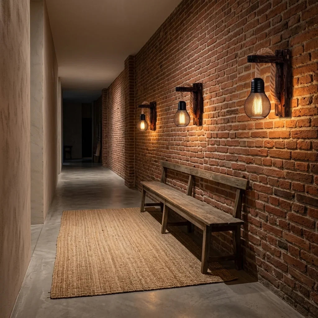 Három fagerendás lámpa egy loft téglafalán sorban
