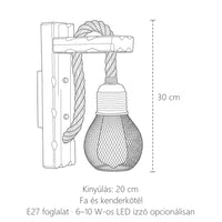 Fagerendás, kenderköteles fali lámpa méretei: 30 cm magas, 20 cm kinyúlás