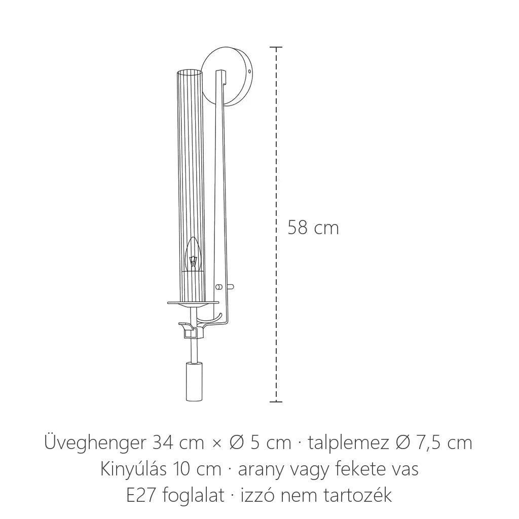Fáklya formájú üveghengeres fali lámpa méretei: 58 cm magas, 10 cm kinyúlás
