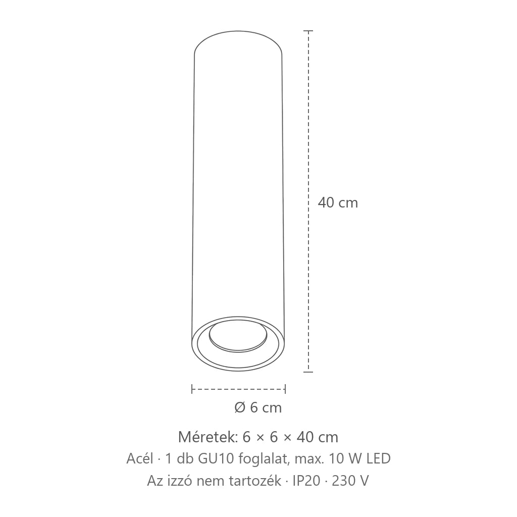Falon kívüli cső mennyezeti spotlámpa méretei (40 cm magas): 6 × 6 × 40 cm