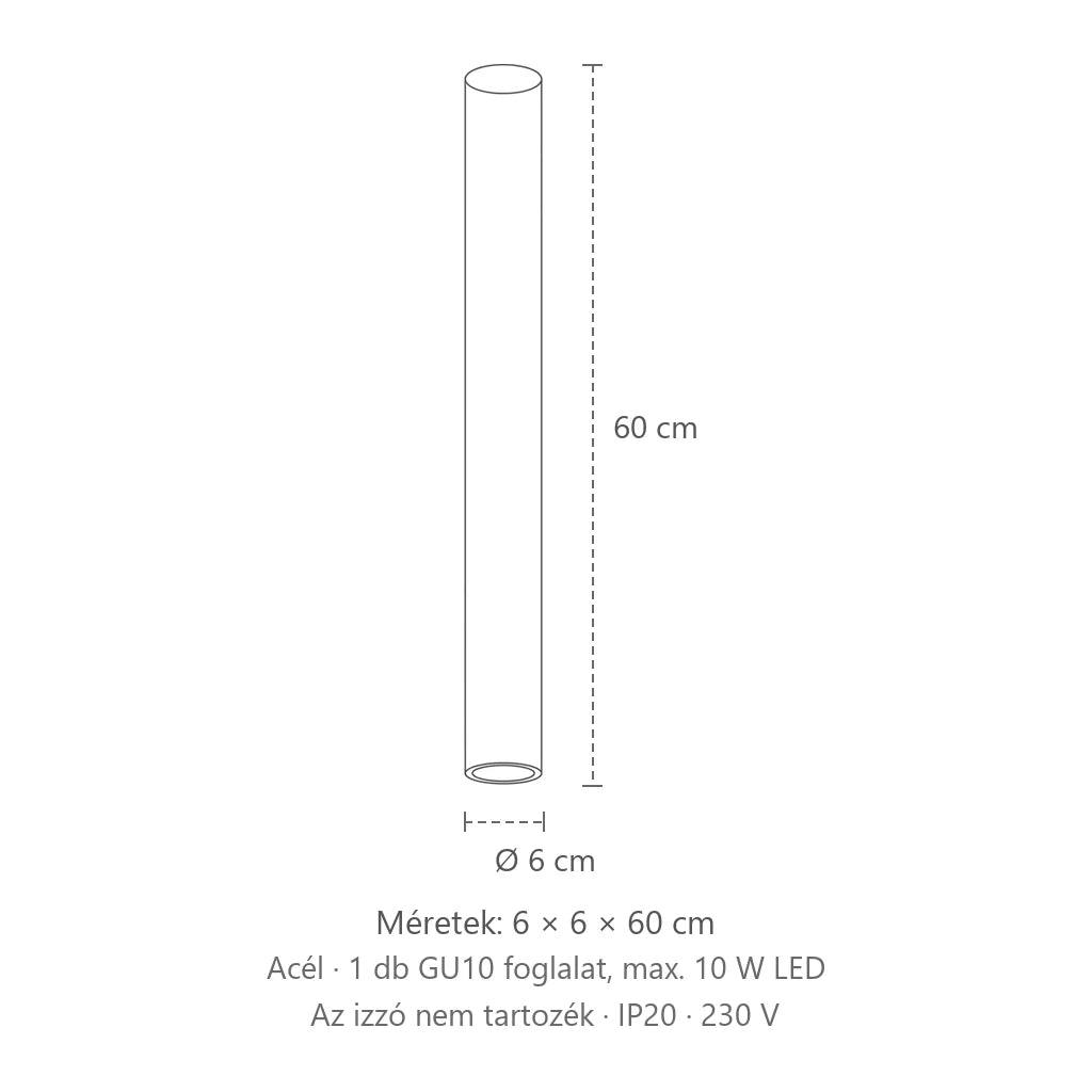 Falon kívüli cső mennyezeti spotlámpa méretei (60 cm magas): 6 × 6 × 60 cm