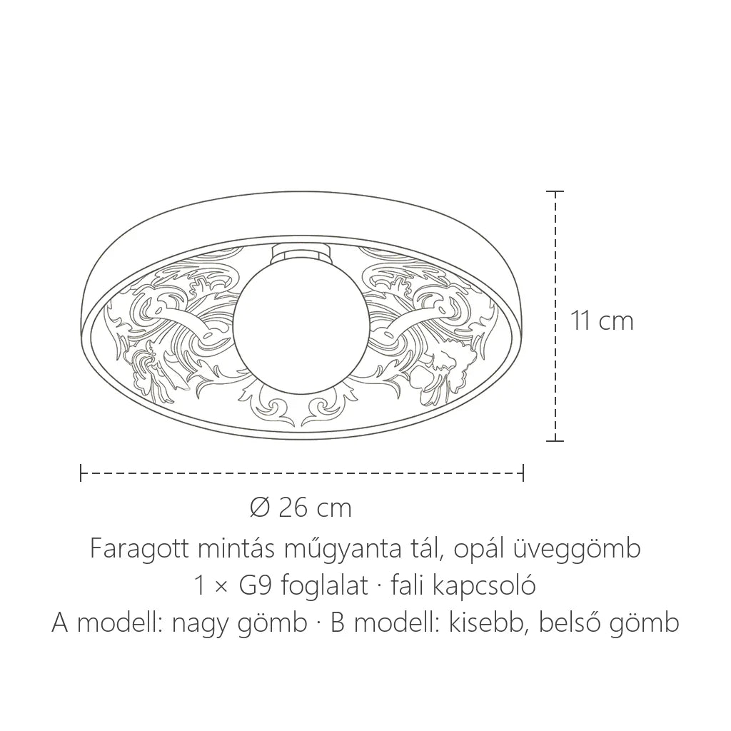 Faragott tállámpa méretei: Ø 26 cm, 11 cm magas