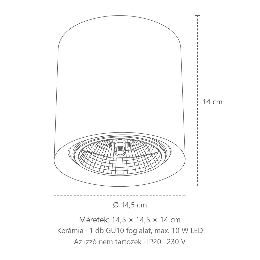 Fehér kerámia henger mennyezeti spotlámpa méretei: 14,5 × 14,5 × 14 cm