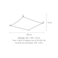 Fehér textil vitorla mennyezeti lámpa méretei (105 × 105 cm – 4 fénycső): 105 × 105 × 15 cm