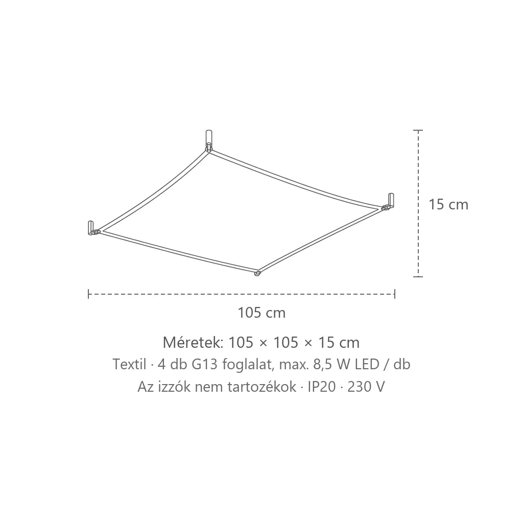Fehér textil vitorla mennyezeti lámpa méretei (105 × 105 cm – 4 fénycső): 105 × 105 × 15 cm