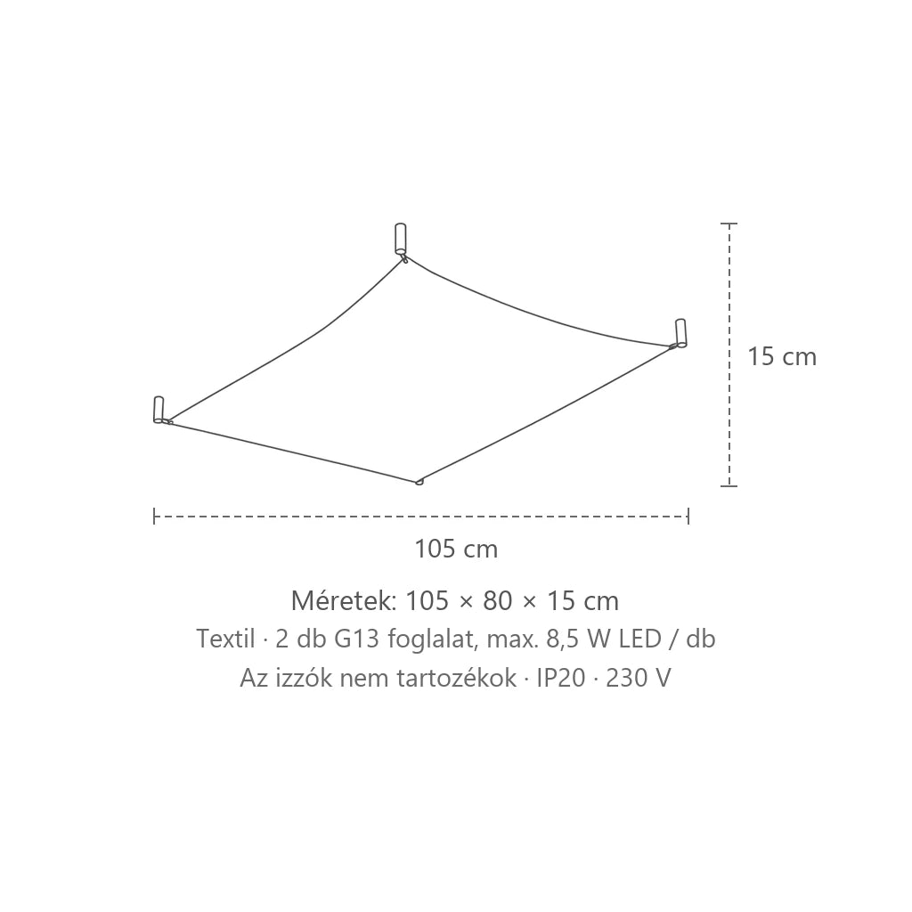 Fehér textil vitorla mennyezeti lámpa méretei (105 × 80 cm – 2 fénycső): 105 × 80 × 15 cm