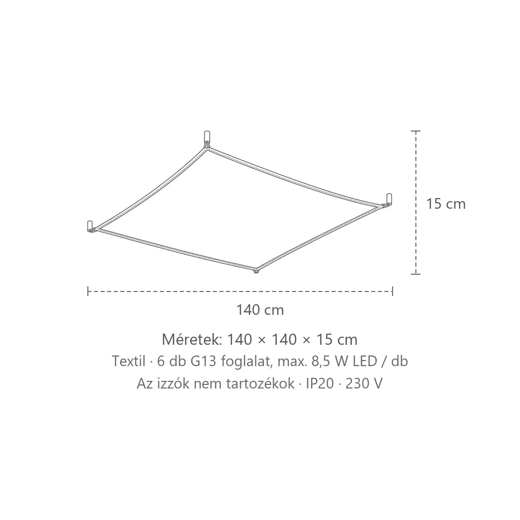 Fehér textil vitorla mennyezeti lámpa méretei (140 × 140 cm – 6 fénycső): 140 × 140 × 15 cm