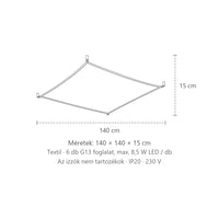 Fehér textil vitorla mennyezeti lámpa méretei (140 × 140 cm – 6 fénycső): 140 × 140 × 15 cm