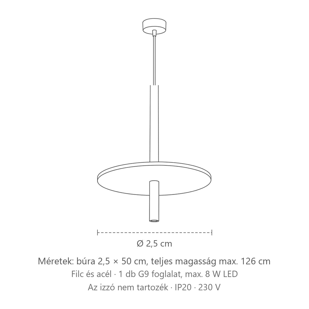 Fekete cső függőlámpa színes filckoronggal méretei: búra 2,5 × 50 cm, teljes magasság max. 126 cm