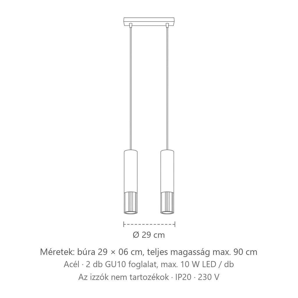 Fekete-fém cső függőlámpa méretei (2 izzós – 30 cm-es sín): búra 29 × 06 cm, teljes magasság max. 90 cm