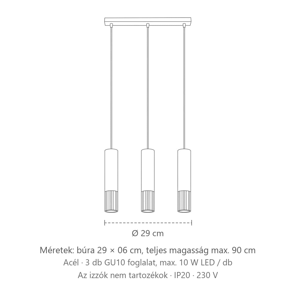 Fekete-fém cső függőlámpa méretei (3 izzós – 45 cm-es sín): búra 29 × 06 cm, teljes magasság max. 90 cm
